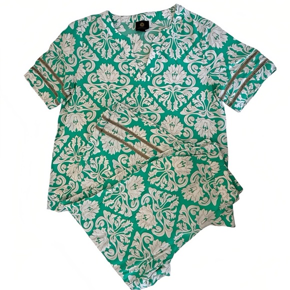 JM Collection 2-Piece Lounge Set Women’s S Green White Baroque Print Top & Pants - Picture 3 of 13